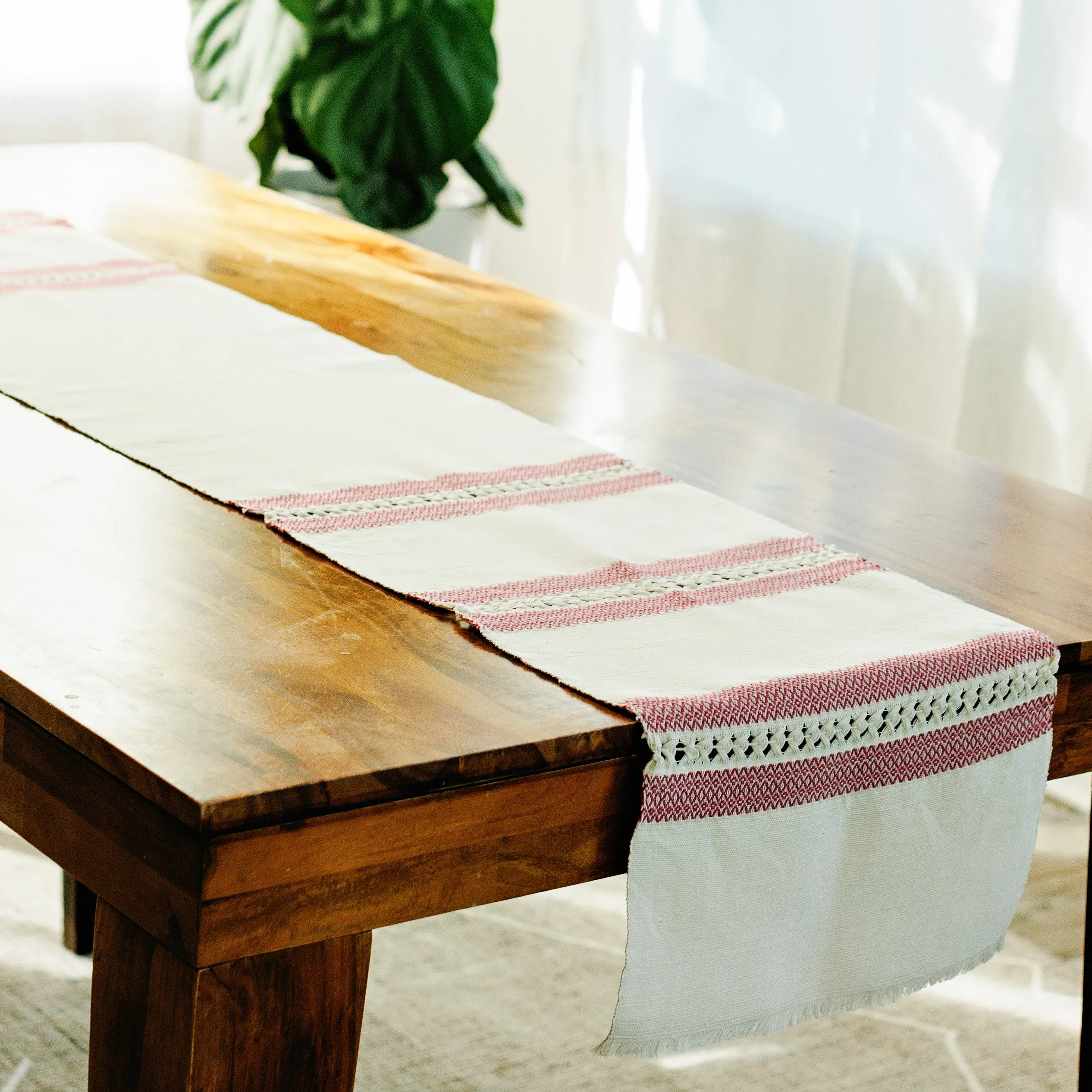 Handwoven Table Runner - Natural Cotton and Pink
