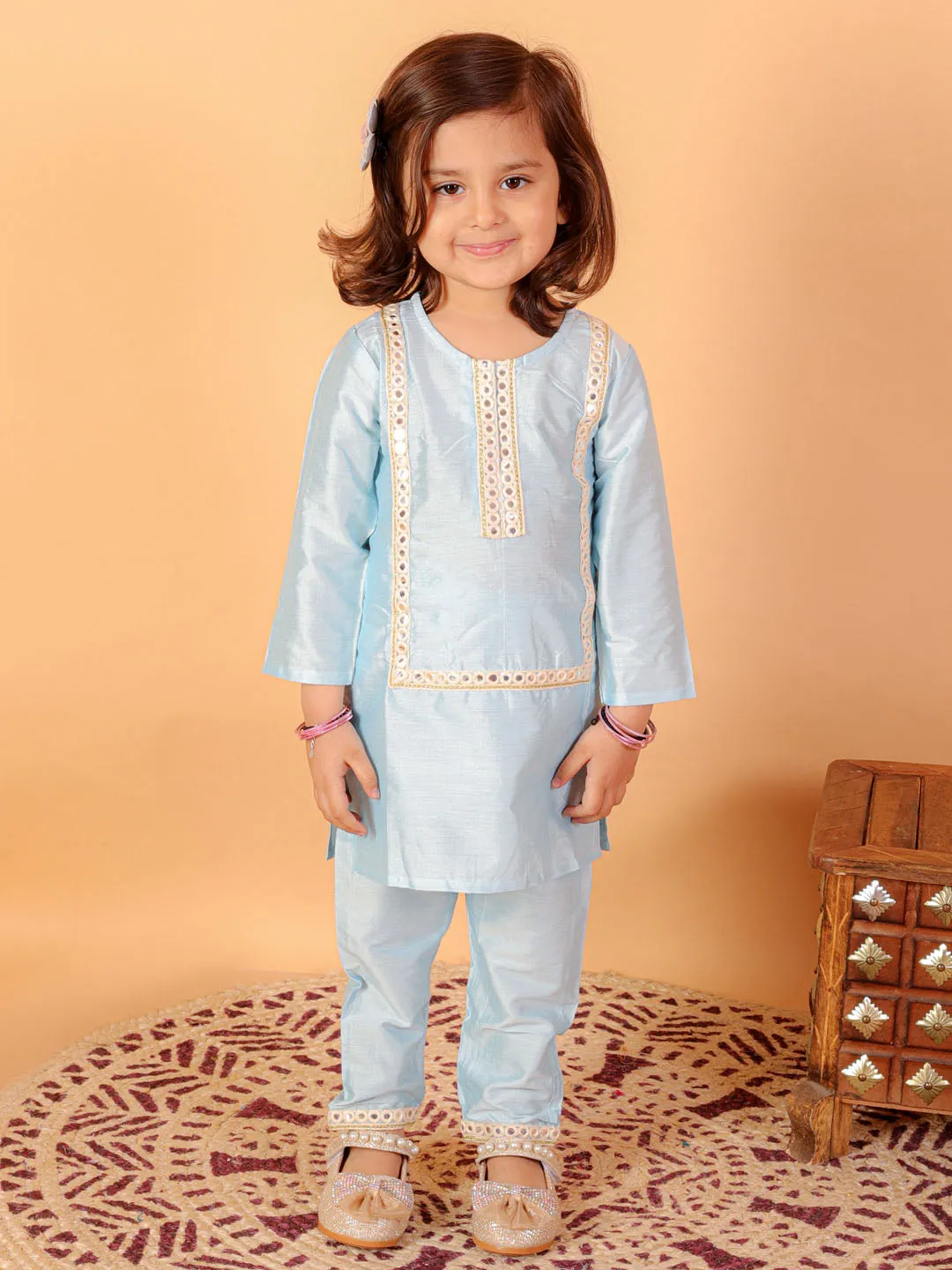 Jashvi SISHU Girls' Aqua Blue Viscose Kurta And Straight Pant Set